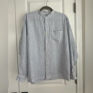 Muji Blue Stripe Collarless 100% Washed Hemp Button Up Shirt Size Medium